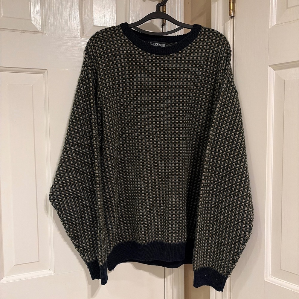 Jantzen Mens Birdseye Knit Crewneck Sweater Navy Large Vintage Style Acrylic